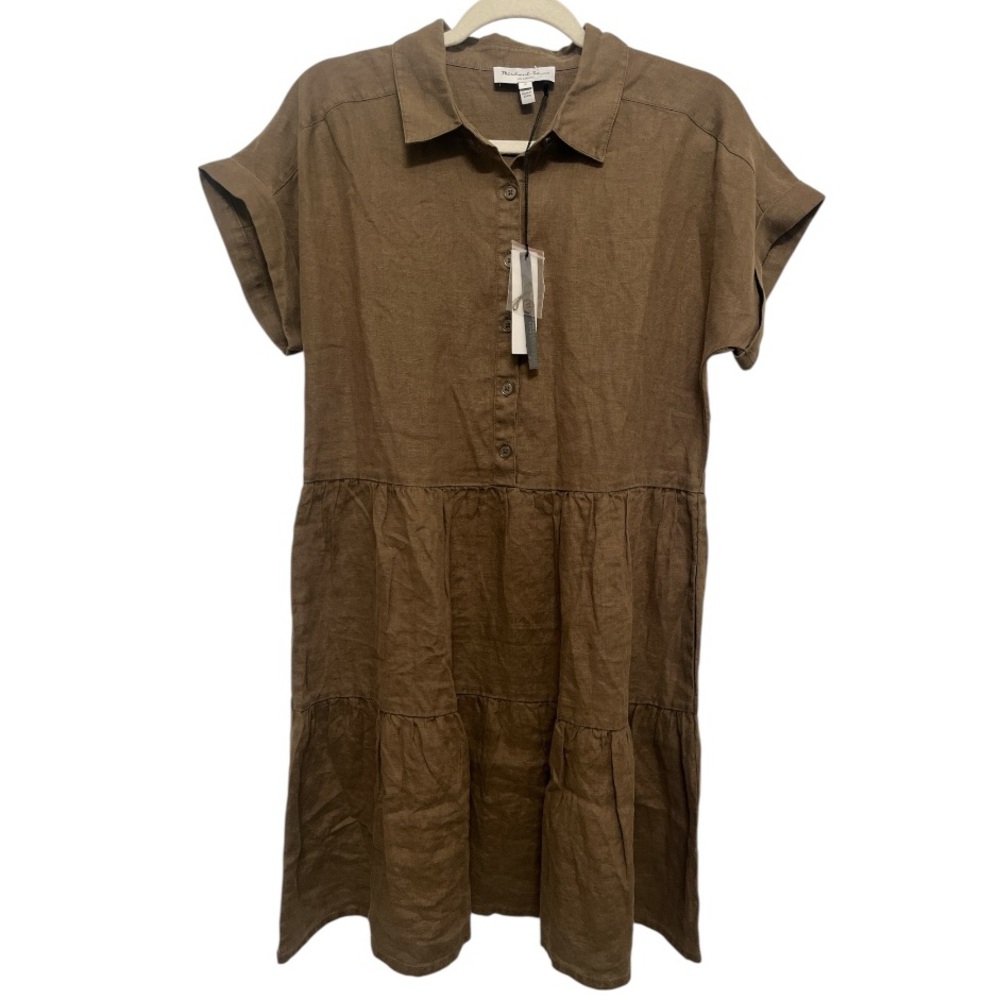 Michael Stars Greta short sleeve linen swing dress brown khaki size small NWT - Picture 6 of 11